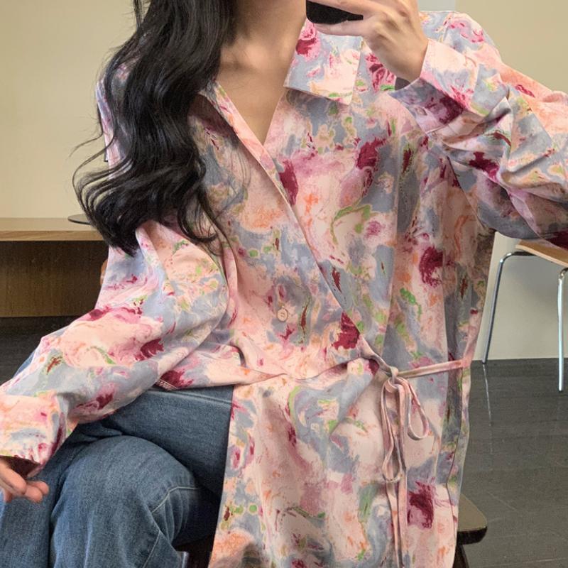 Retro Printed Long-sleeved Shirt for Women High-end Sense Loose Top Sweet Style Shirt