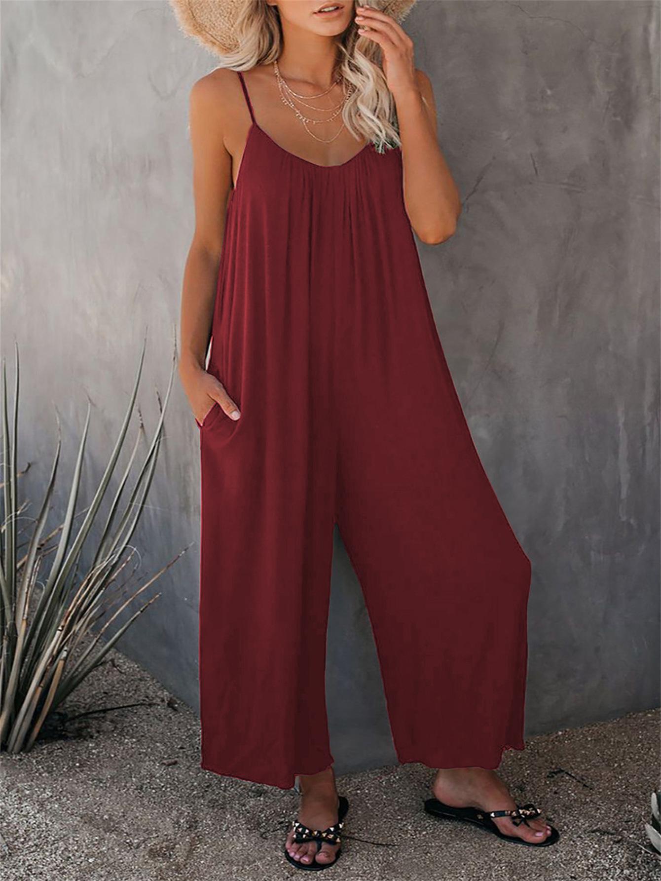 

2023 Summer Women s Solid Color Pocket Casual Loose Suspenders Jumpsuit 3XL вина червоного кольору
