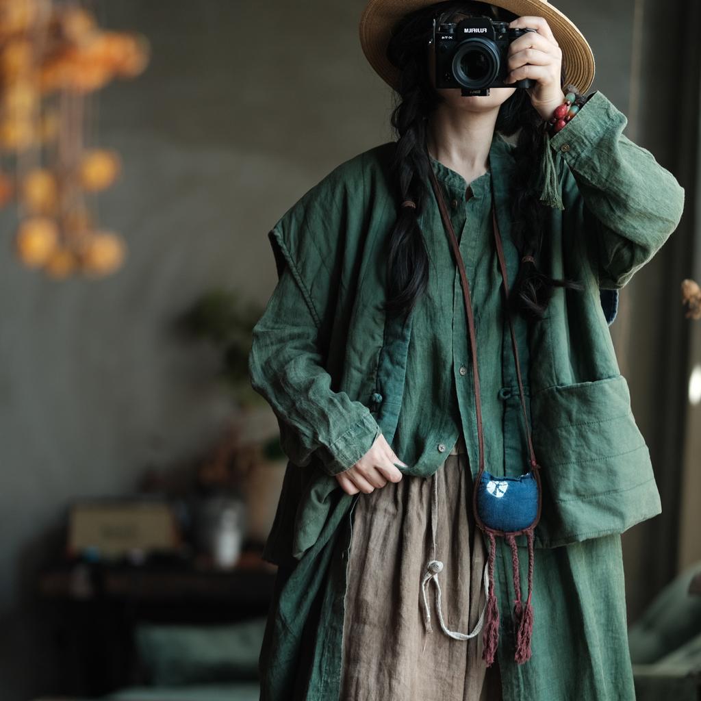 Johnature Women Vintage Coats V-Neck Sleeveless Solid Color Loose Cloths Autumn Single Button Coats