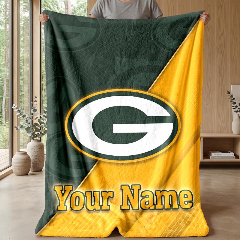 Green Bay Packers Custom Flannel Throw Blanket Print Your Name Text Soft Warm Blanket Holiday Present
