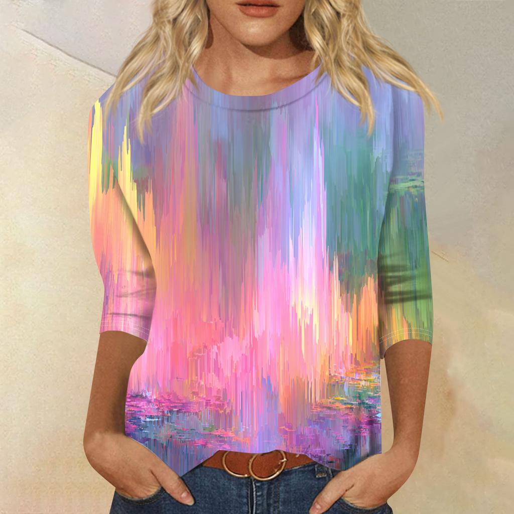 Women's Fashion Casual Round Neck Three-quarter Sleeve Gradient Print T-shirt Top