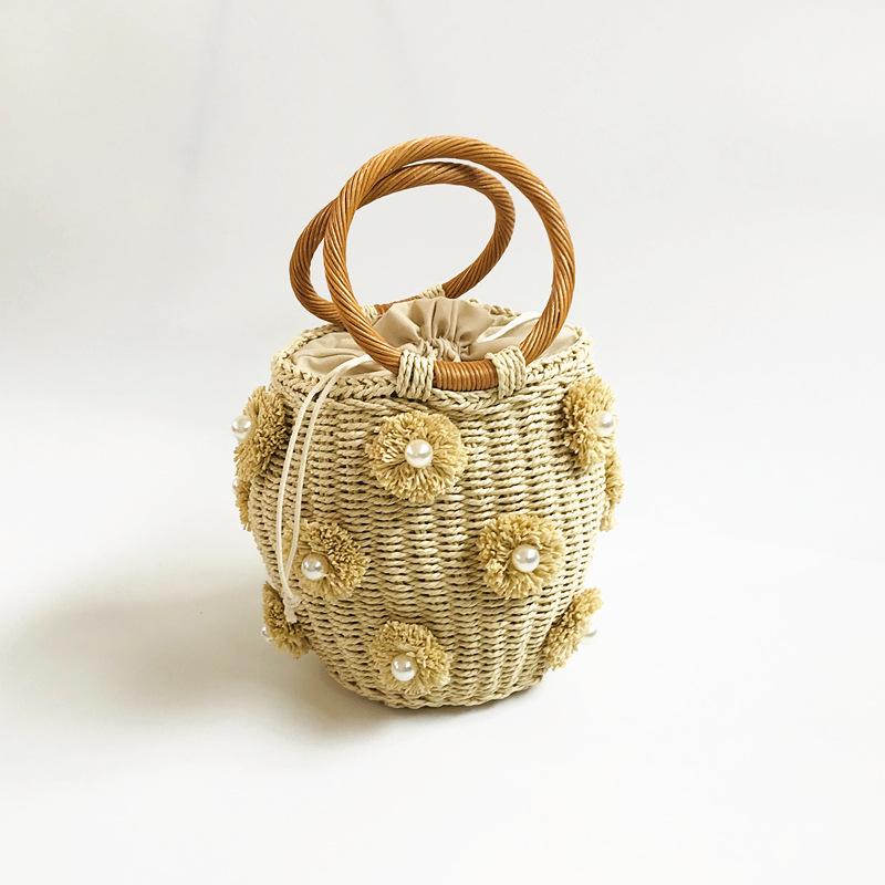 Z New Women's Straw Basket Handbag with Flower & Artificial Pearl Decoration