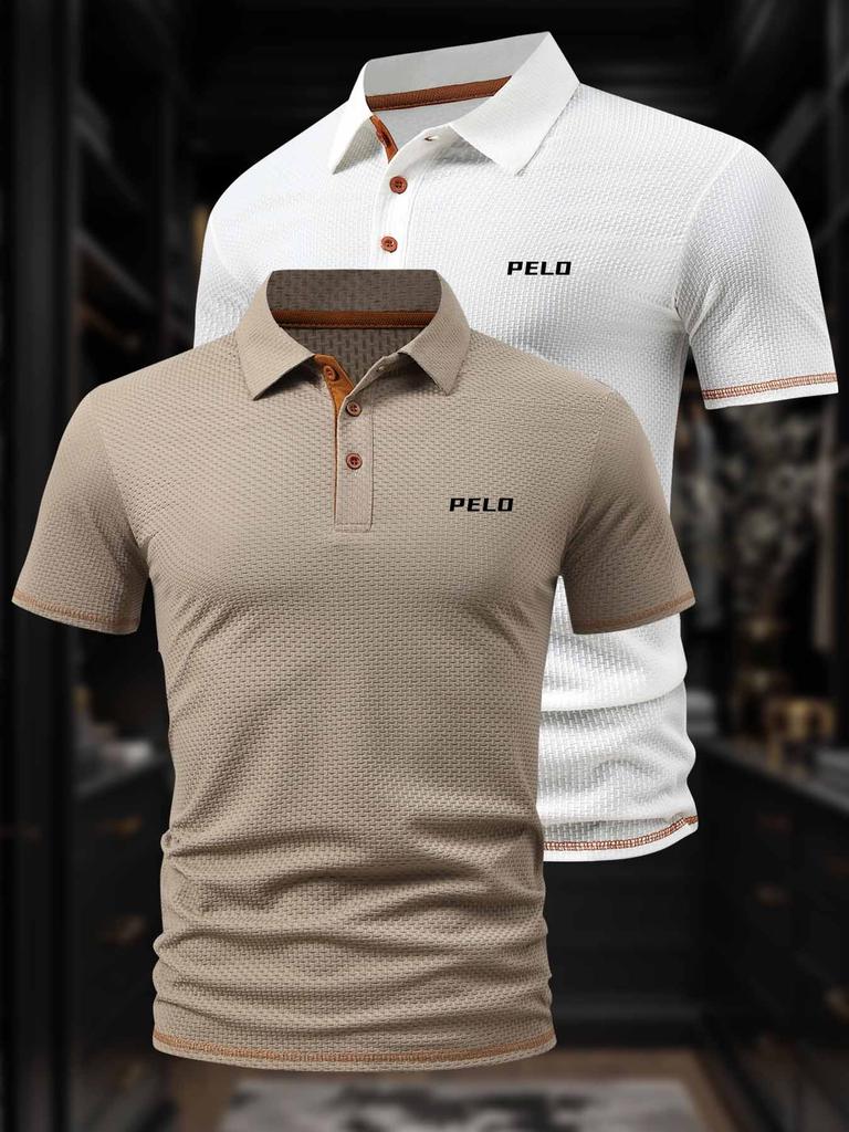 2 Pcs Men's Polo Shirts - Short Sleeve Casual Polo T Shirt Color Block & Stand Collar Slim Fit Golf Shirts