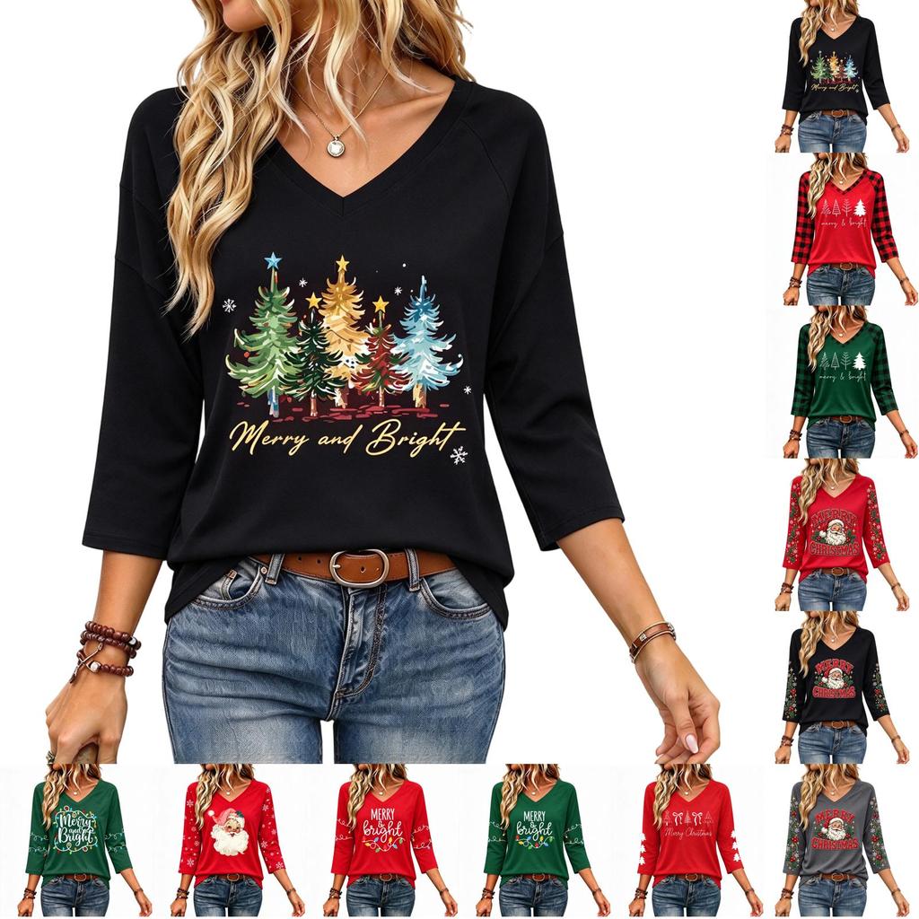 Women's V Neck 3/4 Sleeve Christmas Print Pullover Top Casual Holiday Shirt