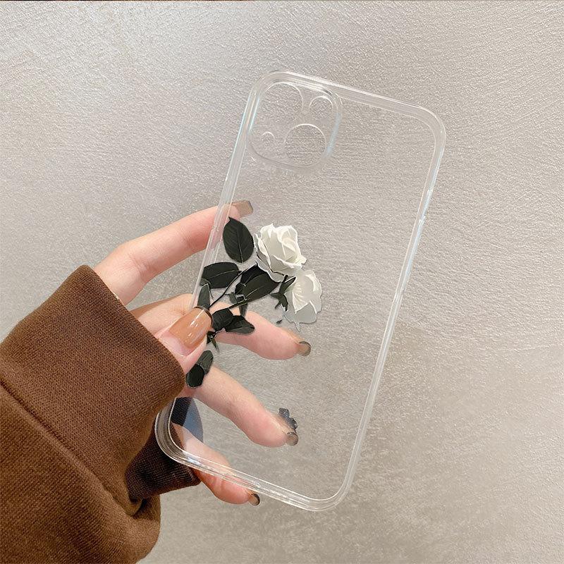 Simple white rose tpu transparent anti-drop case Apple 14promax mobile phone case iPhone17