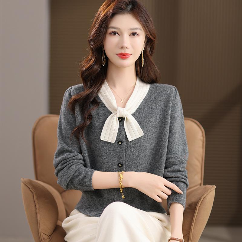 

Элегантный кардиган из шерсти с бантом – Универсальный и стройнящий модный свитер-пальто Extra Large серый