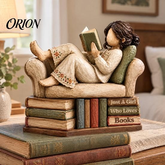 Detailed Wooden Craftsmanship 2D Flat Reading Girl Figurine with Stacked Book Design for Lovers, Small Ornament Bedside Table Decorative Tabletop