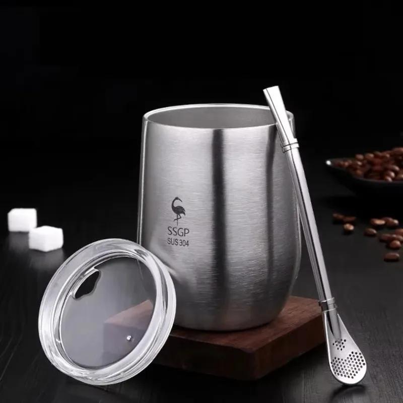 Yerba Mate Becher 304 Edelstahl Doppelwand Argentinische Yerba Mate Kalebasse mit Deckel/Strohhalm Tragbarer Teebecher Kaffee Thermoskanne 377ml