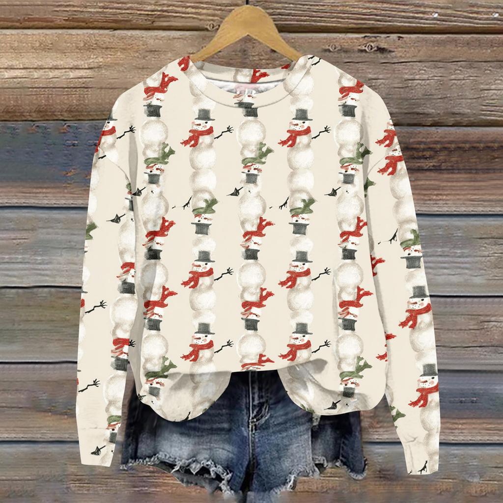 Women's Casual Long Sleeve Christmas Print Neck Pullover Sweatshirt Top
