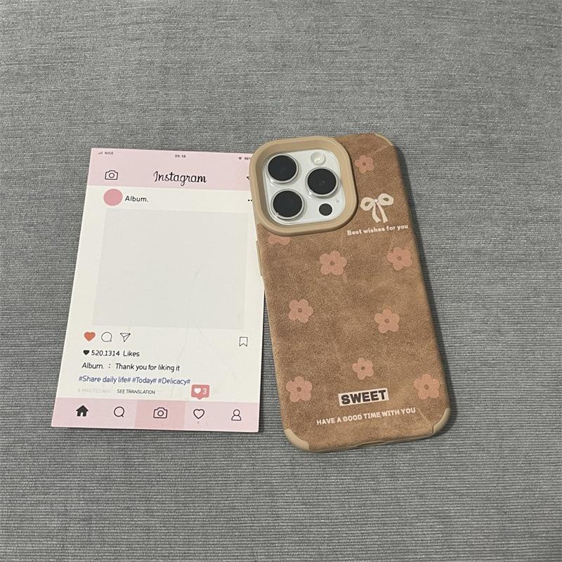 Brown Bottom Bow Small Flower Flower Suitable for Apple 16promax Mobile Phone Case Apple Iphone15 Leather Pattern 14/13