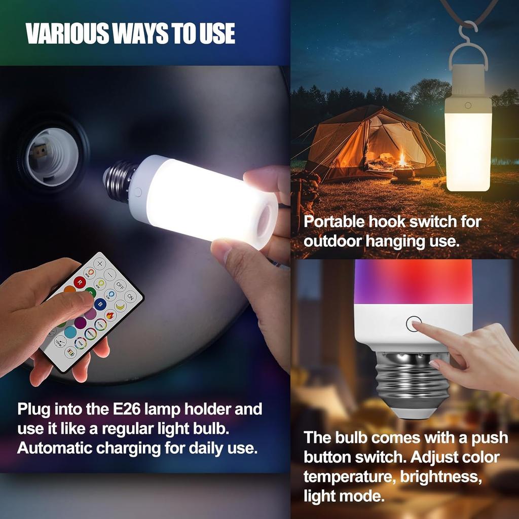 2 Pack Rechargeable Emergency Light Bulb with Remote, Color Changing Battery Powered USB LED Bulbs 12 RGB Color Dimmable E26 120 Volt 9W for Power