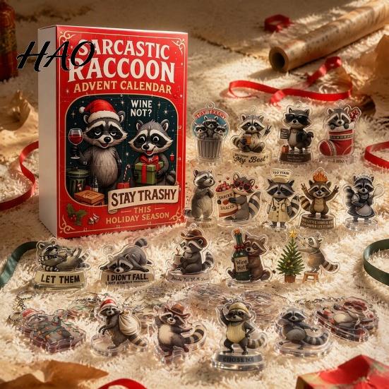 Holiday Countdown Gift Box Raccoon Advent Calendar, 24 Days 2D Acrylic Ornament Decorative Figures Collectible Cute Pendents for Home, Tree,