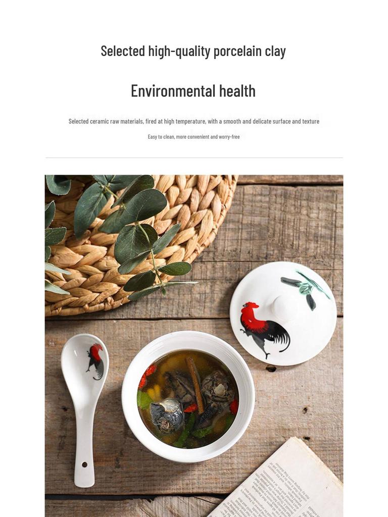 Retro Hahn Keramik Wasserbad-Suppentopf für Einzelportionen: Chinesischer Stil mit Ginseng-Vogelnest.