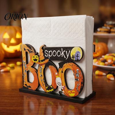 BOO Letter Storage Ornament Halloween Wooden Napkin Holder, Cute Pastel Pumpkin Ghost Black Cat Tabletop Tissue Dispenser, Waterproof Desktop
