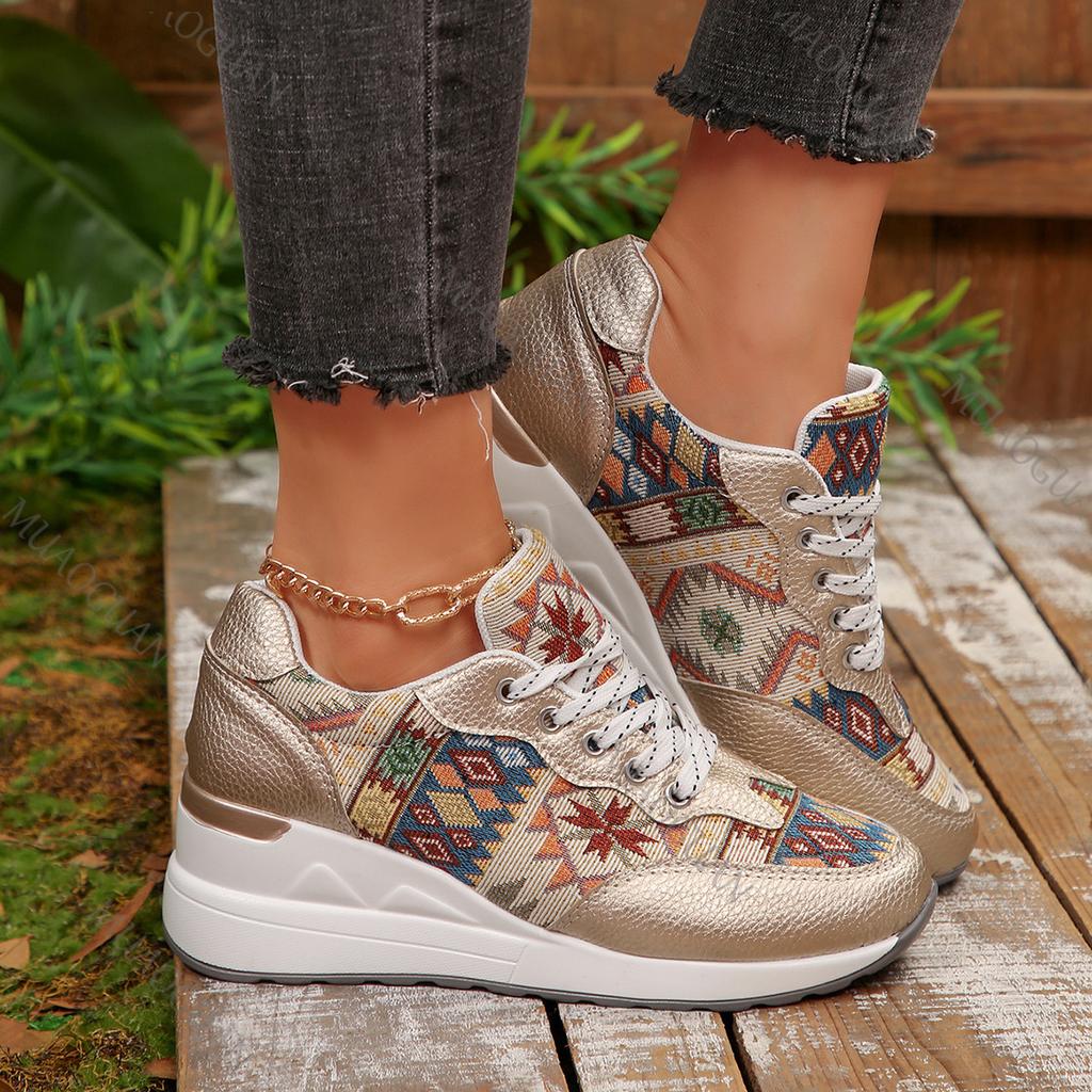 Women's Shoes Spring Autumn Casual Sneakers Wedges Ethnic Style Colorblocking Round Toe Vulcanize Shoes Lace Up Large Size Tenis