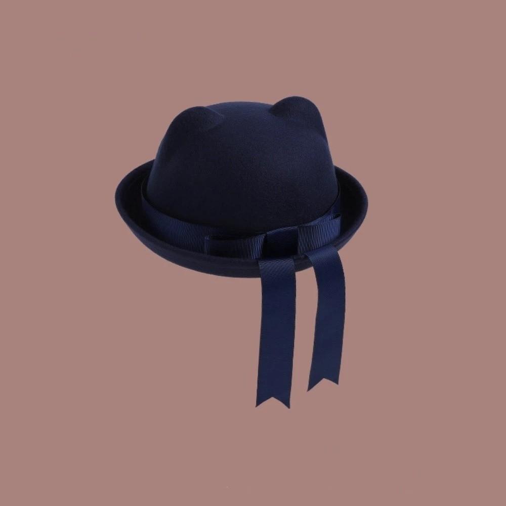 Süßer Baskenmützen-Fedora-Hut College-Stil Schleifen-Flattergürtel Jk-Uniformmützen Niedliche Ohren-Melone für Erwachsene black