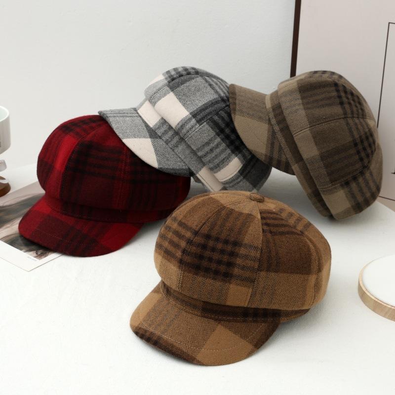 New women's autumn and winter British style retro plaid octagonal hat casual versatile painter hat windproof warm newsboy hat