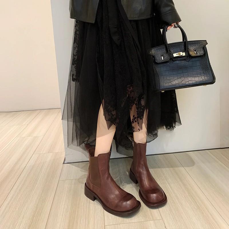 Cowhide Version~ Leather Retro Slim Chelsea Boots British Martin Boots Women's Short Boots Thick Heel Big Head Cigarette Boots