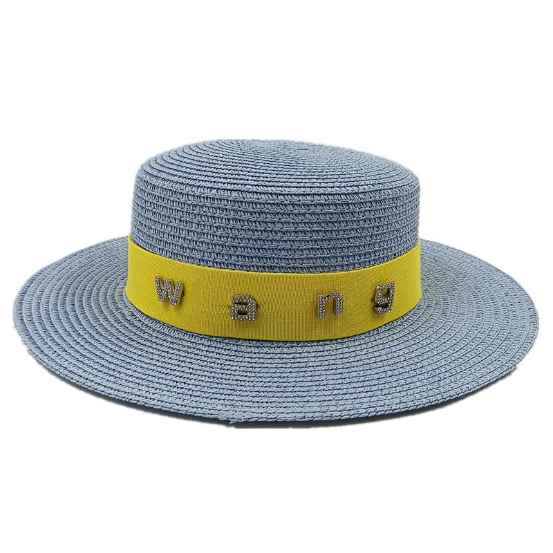 2022 new rhinestone RB letter flat top hat sunscreen black and white straw hat top hat holiday straw hat