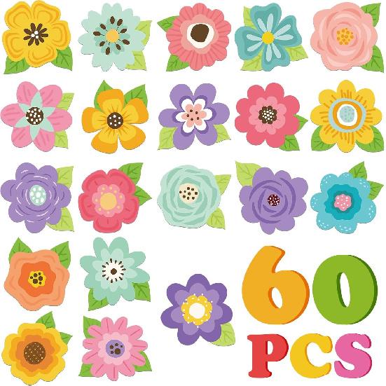 60 Pcs Flower Cutouts Spring Bulletin Board Decorations Floral Paper Cutouts Springtime Classroom Decorations for Kids Preschool Teacher Chalkboard