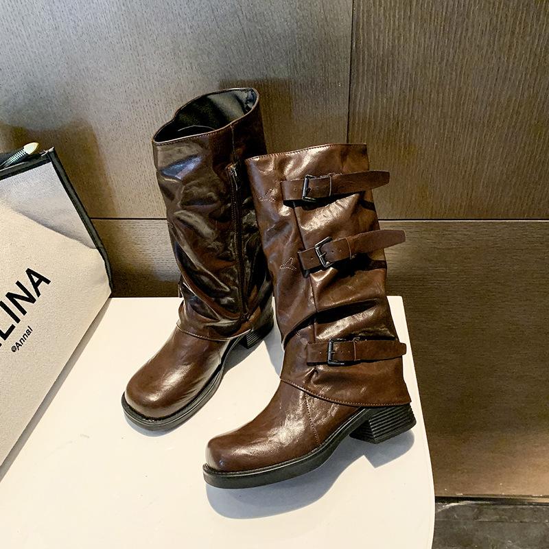 Thick-soled thick-heeled belt buckle pleated medium boots women's 2025 autumn new trousers Martin boots Western cowboy short boots