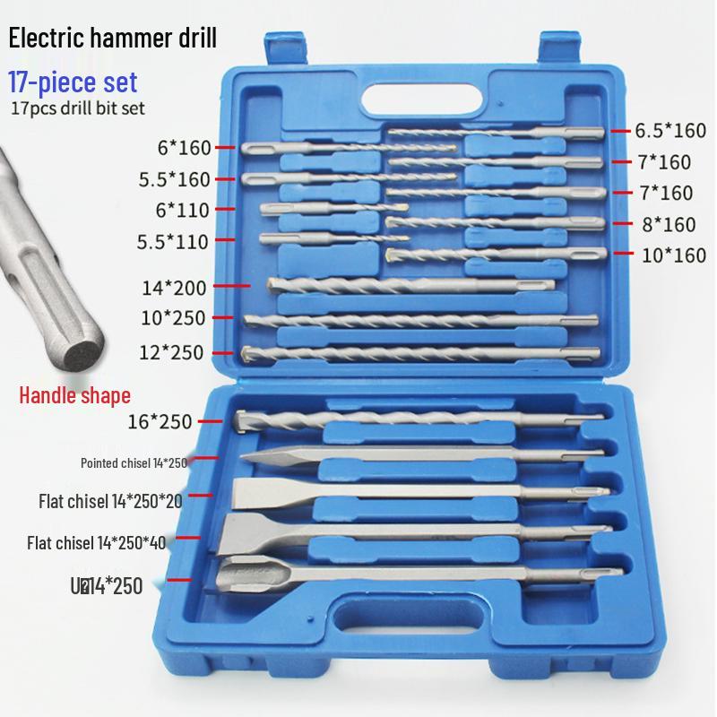 17-Piece Electric Hammer Drill Bit Set: Round, Square, Pointed, Flat & U-Shaped Chisels for Concrete & Brick