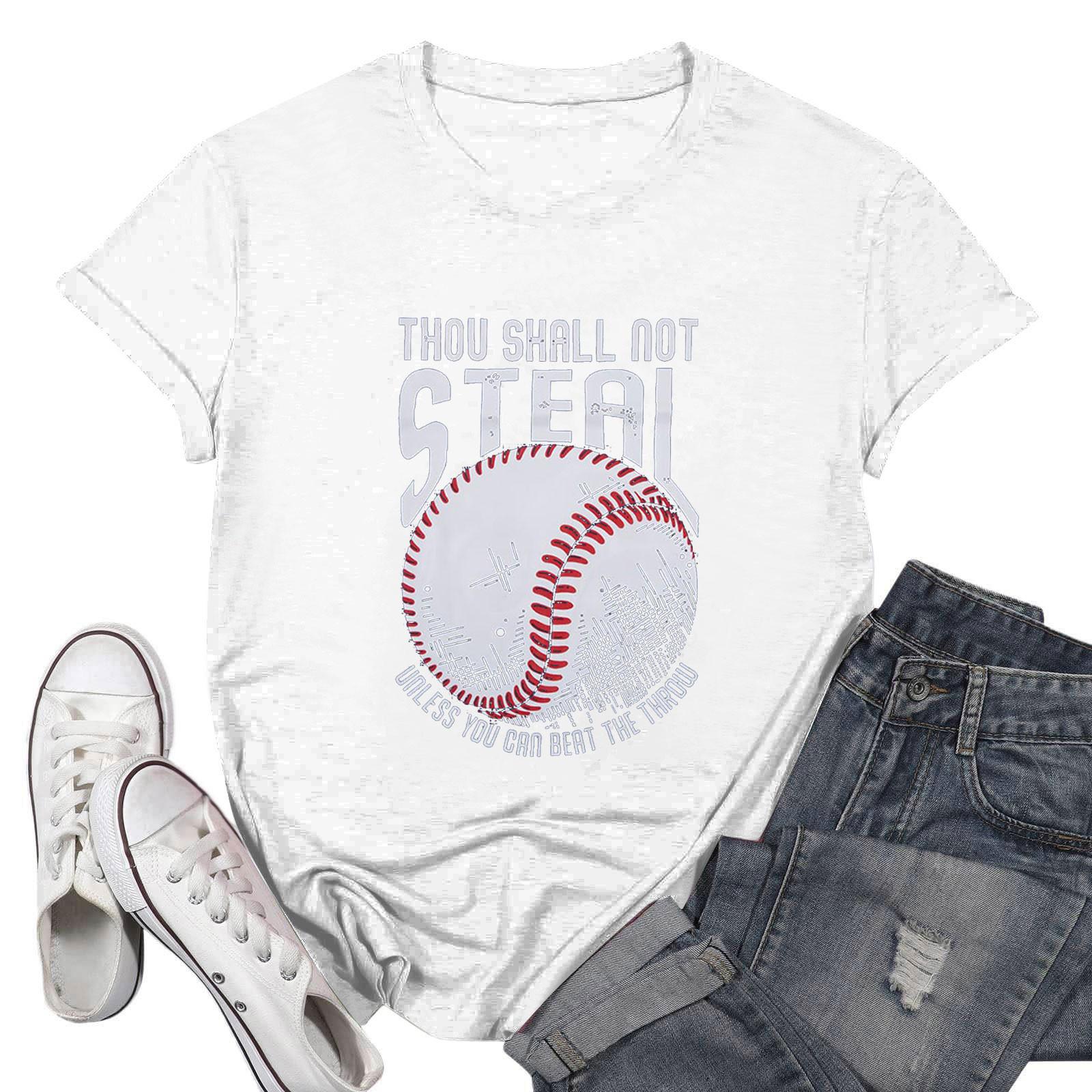 

Ladies Casual Baseball Printed T-Shirt Round Neck Pullover Short Sleeve Top XL білий