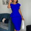 Women Plus Size Solid Color Round Neck Short Sleeve Bodycon Midi Dress