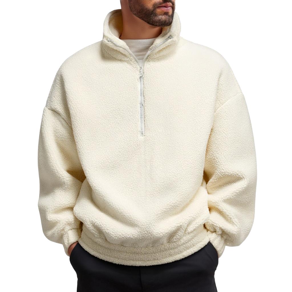 Men's Casual, Trendy, Retro Solid Color Half-pull Long-sleeved High-neck Top, Men's Thickened Warm Lambskin Sweatshirt
