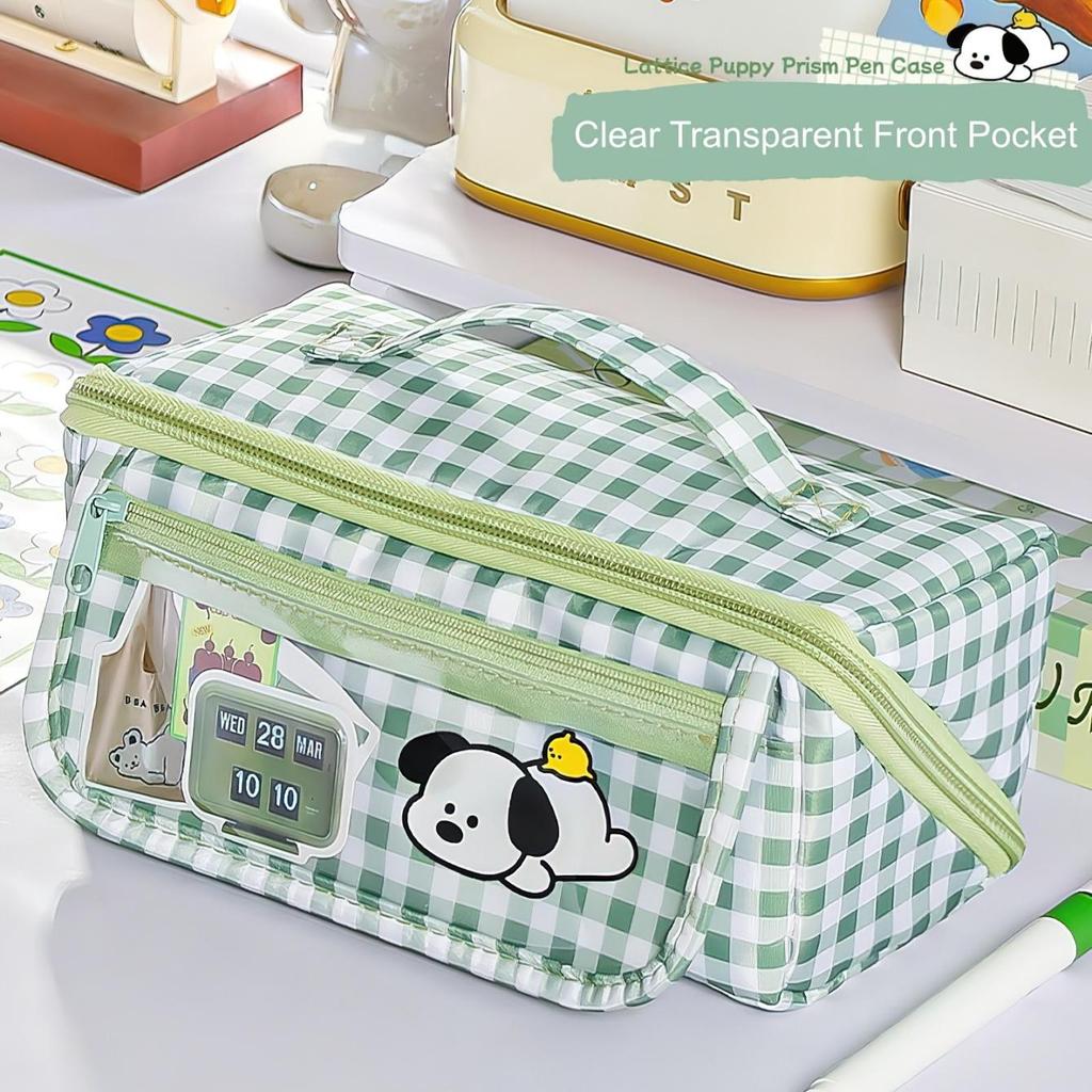 Cute Plaid Puppy Large Capacity Pencil Case Multi-Function Cartoon Stationery Bag with Prism Design Stain Resistant