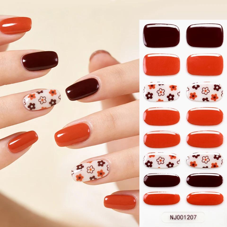 16 Tips Mini Flower Semi-Cured UV Gel French Style Dark Red Self Adhesive Nail Stickers Wraps