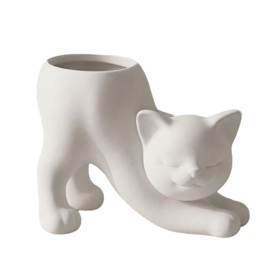 Lazy Cat Statue Decor 3D Printed Stretching Planter Pot, Cute Kitty Succulents Creative Modern Minimalist Flowerpot Animal Flowerpot, Lovely белый