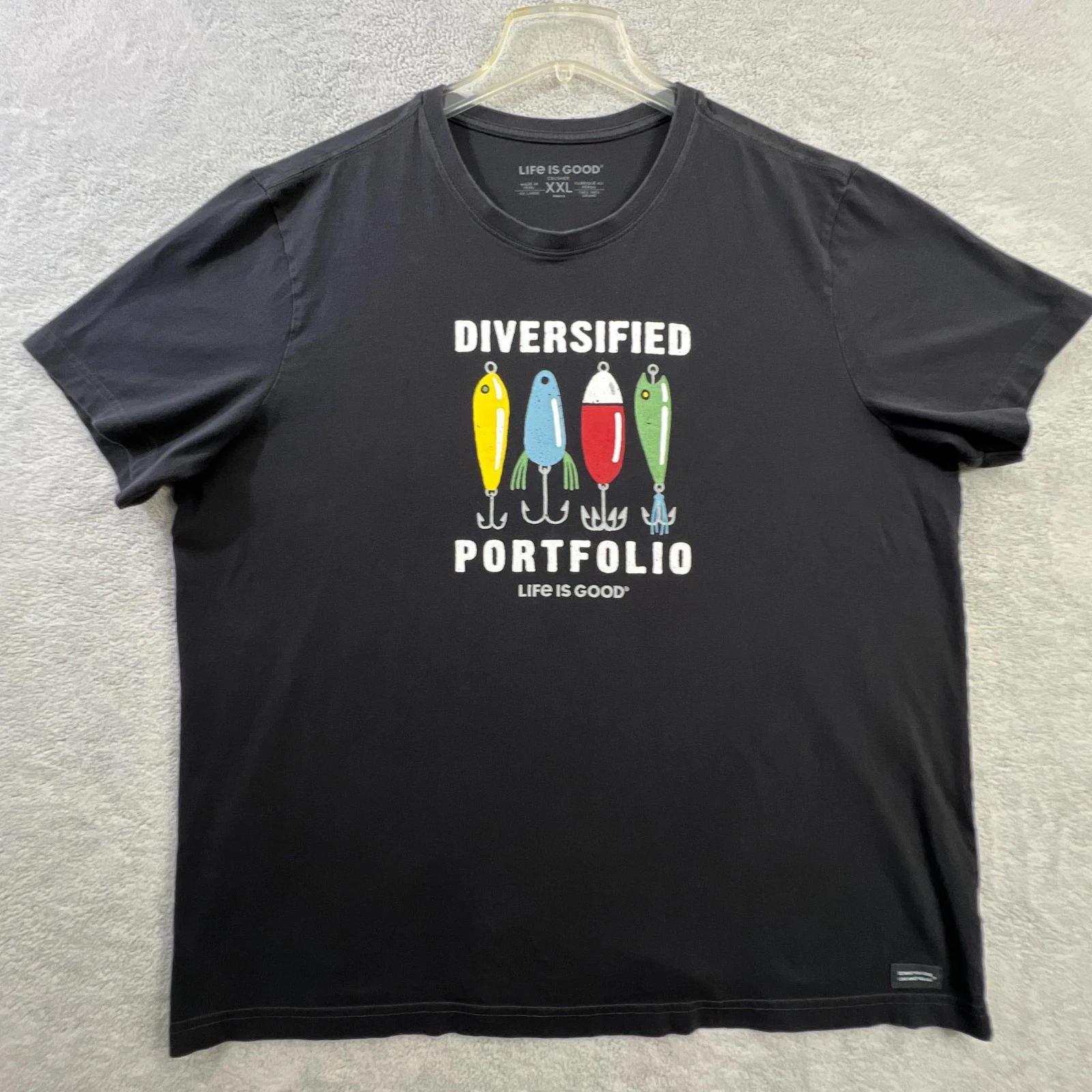Life Is Good Crusher T Shirt Mens XXL Black Fishing Diversified Portfolio Tee 2XL