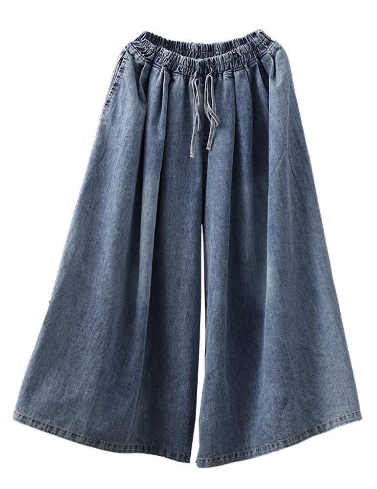 TRTRO Wide-Leg Denim Gaucho Pants Women One Size Blue