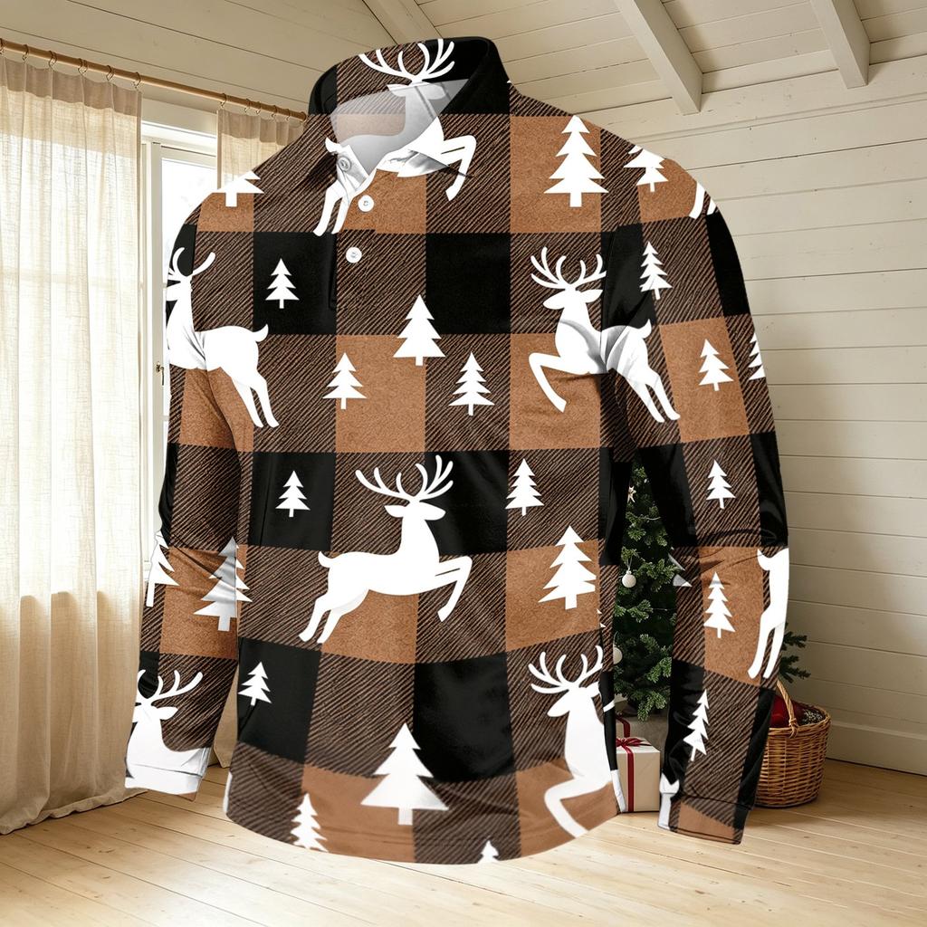 Men's Casual Long Sleeve Round Neck T-Shirt with Christmas Print for Holiday Party