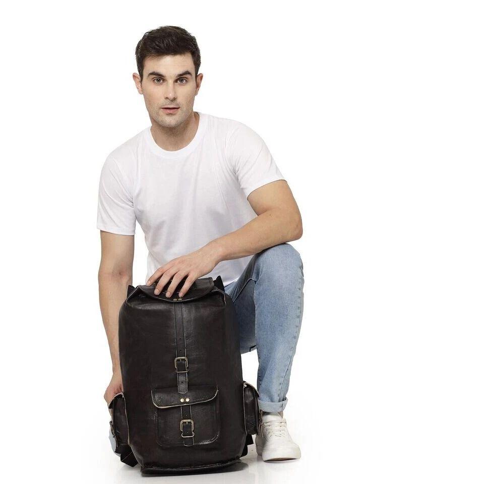 Genuine Black Leather Large Men's Vintage Backpack Travel Rucksack Gym Bag