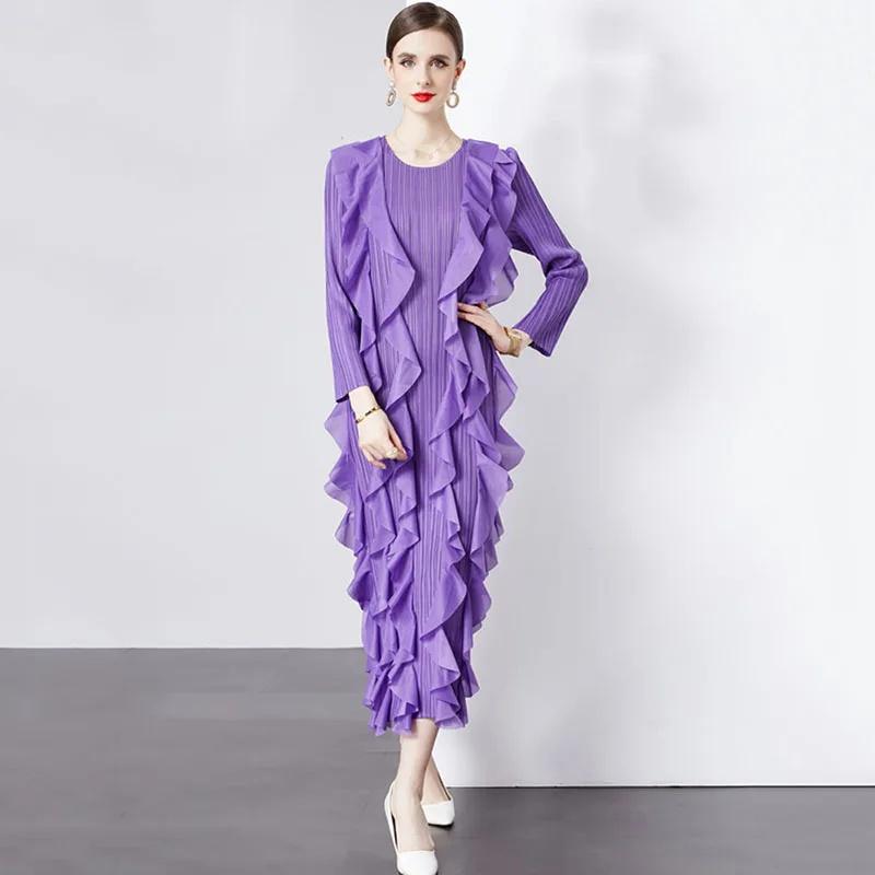 

XITAO лоскутное платье с оборками и длинными рукавами, плиссированное темпераментное элегантное свободное женское платье DMJ3992 One Size фиолетовый