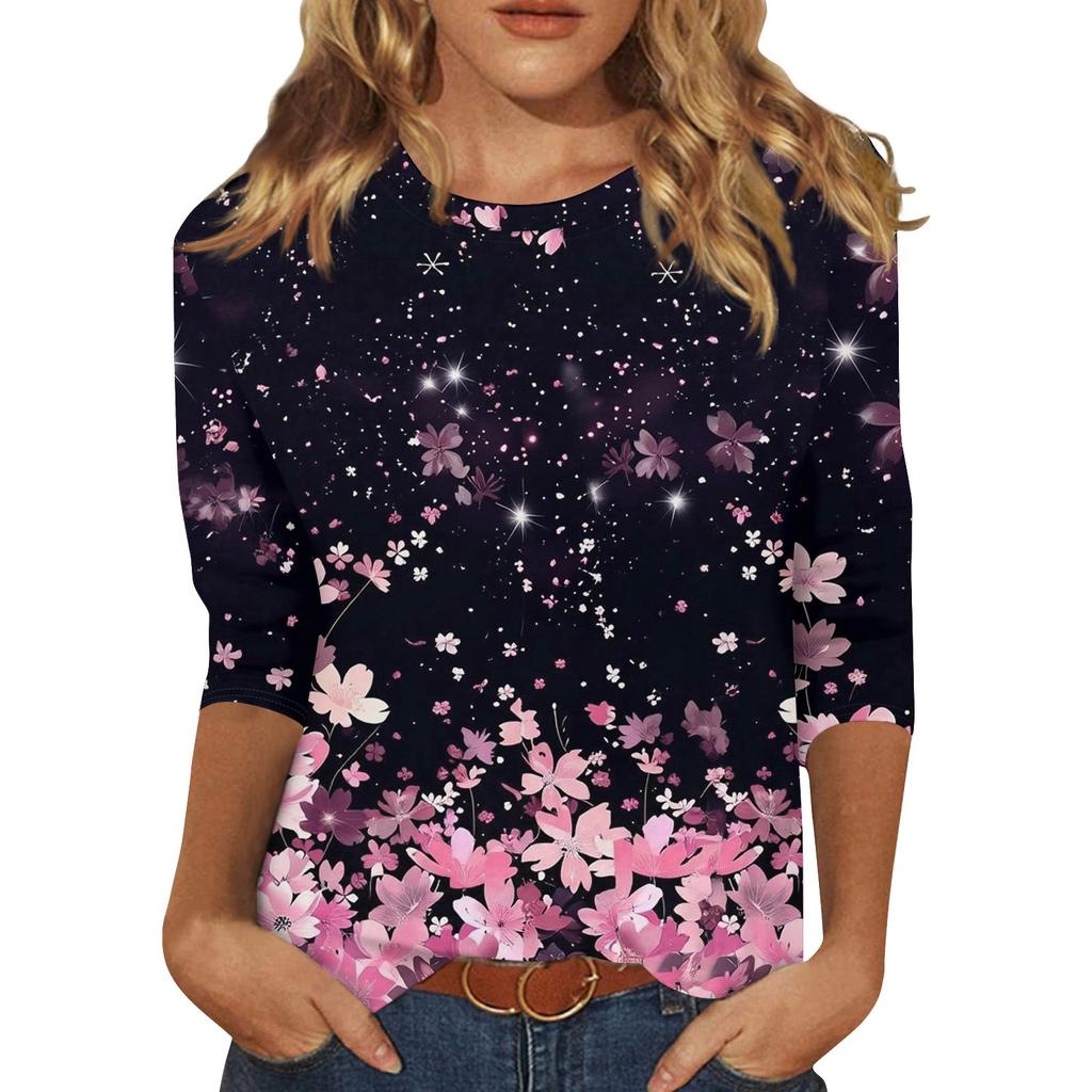 3/4 Sleeve Shirts For Women Cute Print Graphic Tees Blouses Casual Plus Size Basic Tops Pullover