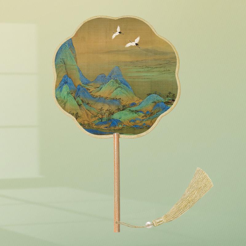 Girls' Summer Hanfu Dance Fan: Long Handle, Double-Sided Embroidered Round Fan for Traditional Costume