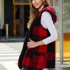 Women Sleeveless Fleece Vest Hooded Plaid Open Front Loose Fit Outerwear Coat Vest Red L