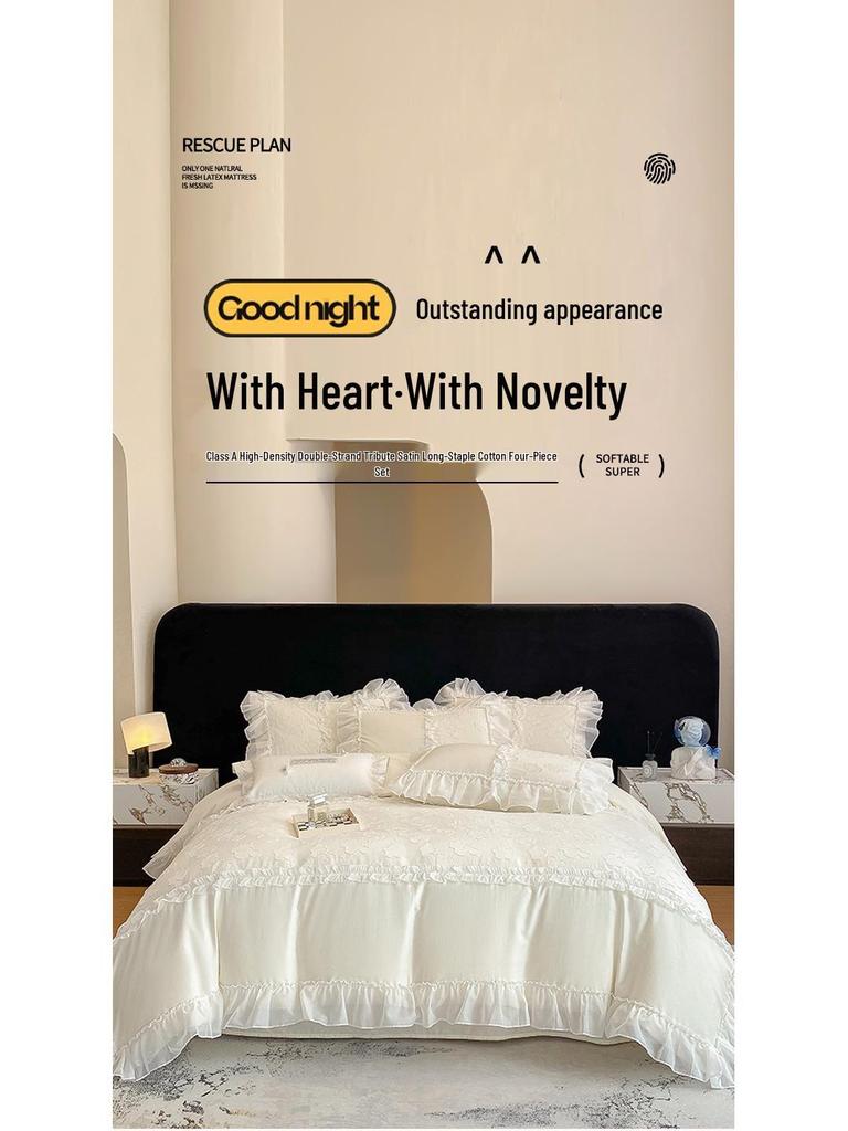 Prinzessinnen-Stil 100er-Zählung Hohe Dichte Weißes Spitzen-Satin Langstapel-Baumwolle 4-teiliges Bettwäsche-Set für Mutter und Baby Klasse A Re Baumwolle