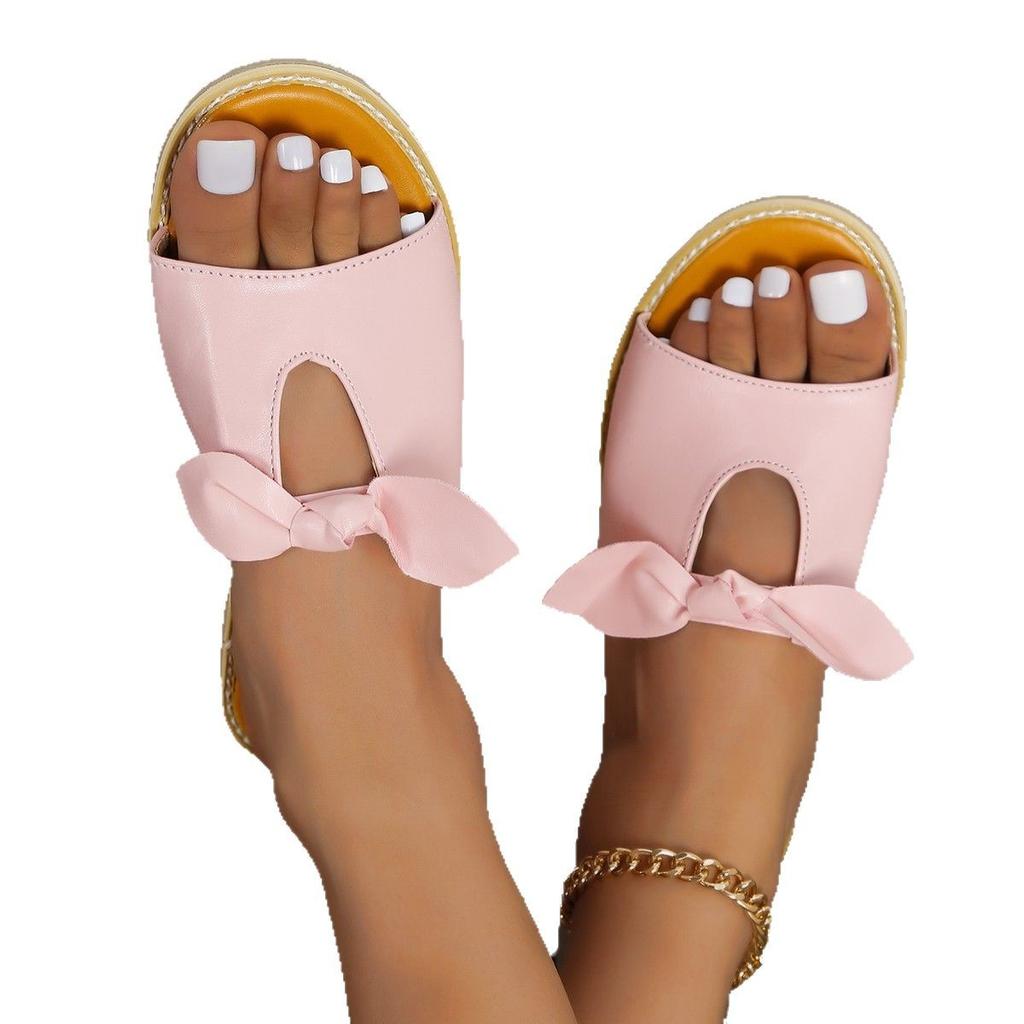 Large size flat-bottomed slippers for women wearing new round head bows and one-pedal lazy shoes