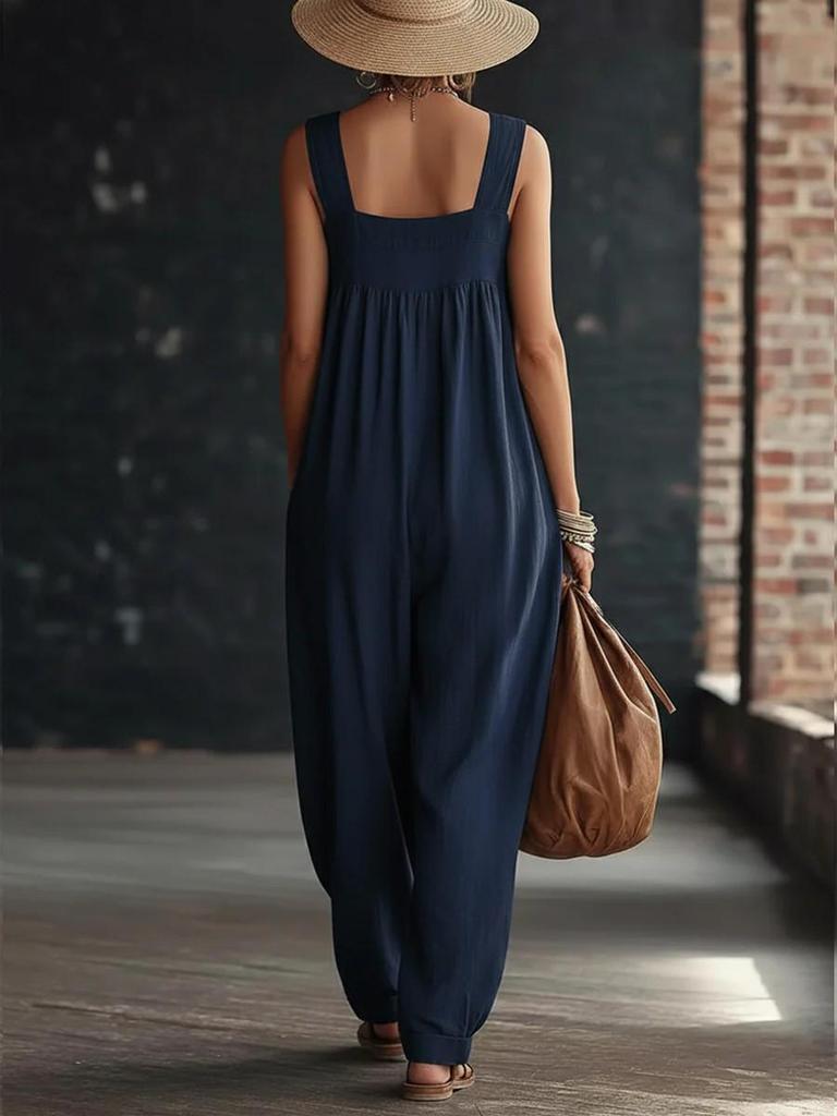 2026 European Spring/Summer Casual Women's Jumpsuit with Pockets - Comfortable, Loose, Solid Color & Strappy Design