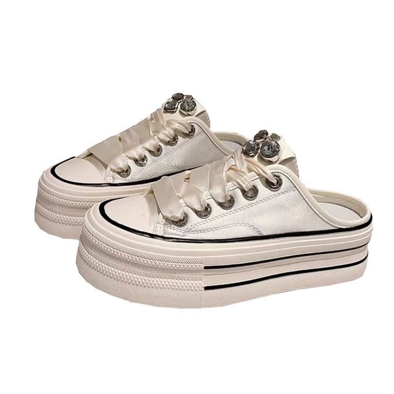 Super fire little white shoes platform heightening niche canvas shoes women's 2025 spring new European popular bag head half slippers