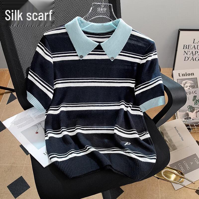Women s Color Block Striped Knit Lapel Short-Sleeve Top One Size