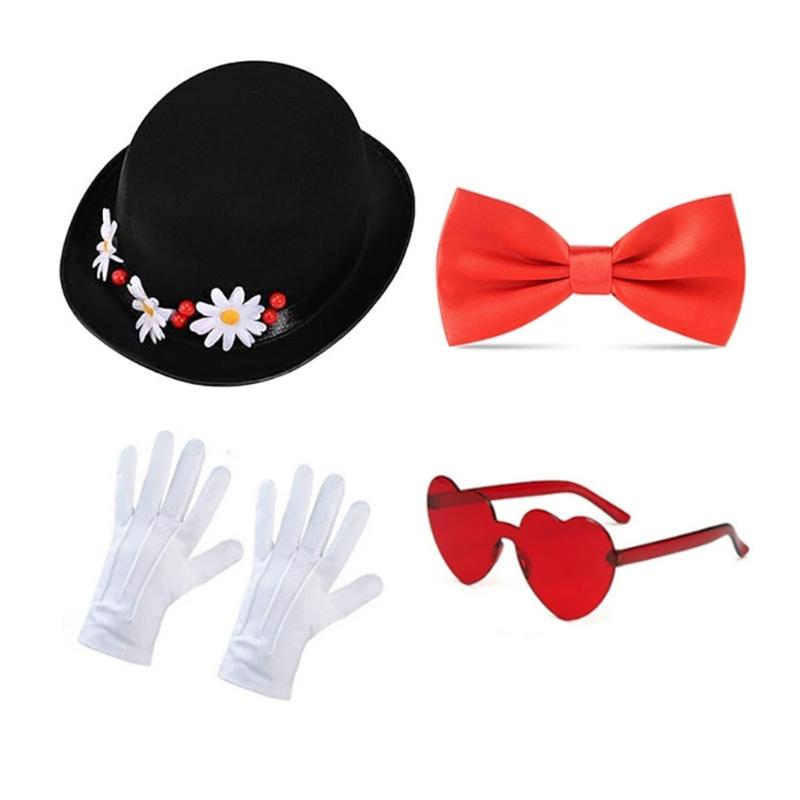 Black Felts Magicians Hat Glasses Bowtie and Gloves Set For Professional Performances Practical Wear Resistant Design