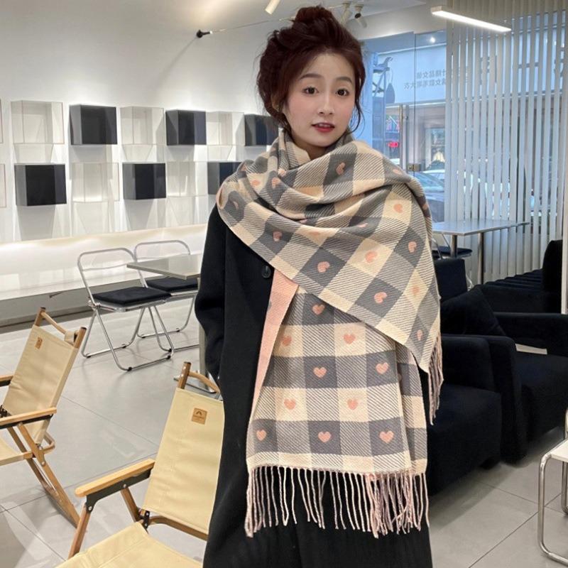 Autumn and Winter Hot-selling New Love Imitation Cashmere Versatile Scarf Women's Warm Thickened Cold-proof Plaid Fringed Shawl