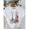 Plus Size Womens Paris Print Tee Eiffel Tower Floral Bicycle Design Round Neck Short Sleeve Stretchy Breathable Nontransparent Machine Washable Spring