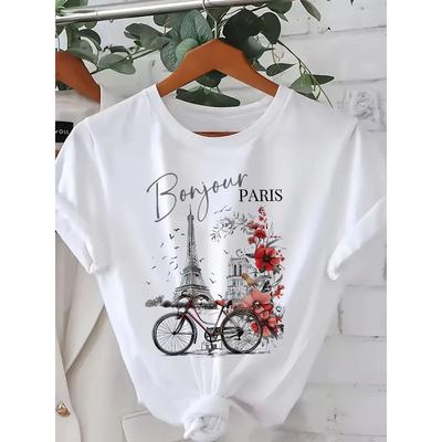 Plus Size Womens Paris Print Tee Eiffel Tower Floral Bicycle Design Round Neck Short Sleeve Stretchy Breathable Nontransparent Machine Washable Spring