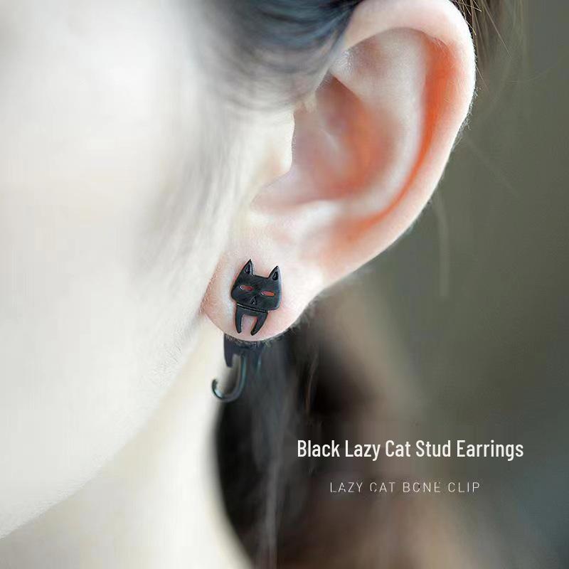 S925 Sterling Silver Asymmetrical Cat and Fish Stud Earrings, Korean Cute Fashion for Women